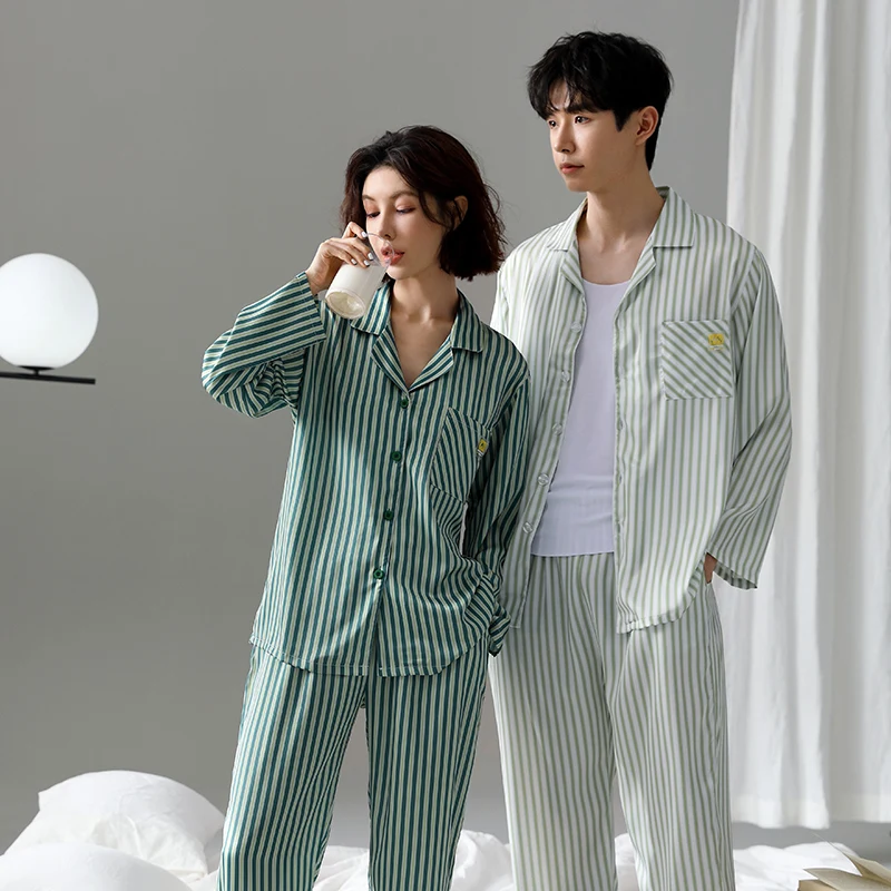 

Newest Couple Pajamas Set Spring And Autumn Long Sleeve Turn-down Collar Silk Pijama Silk Sleepwear Female Pyjamas