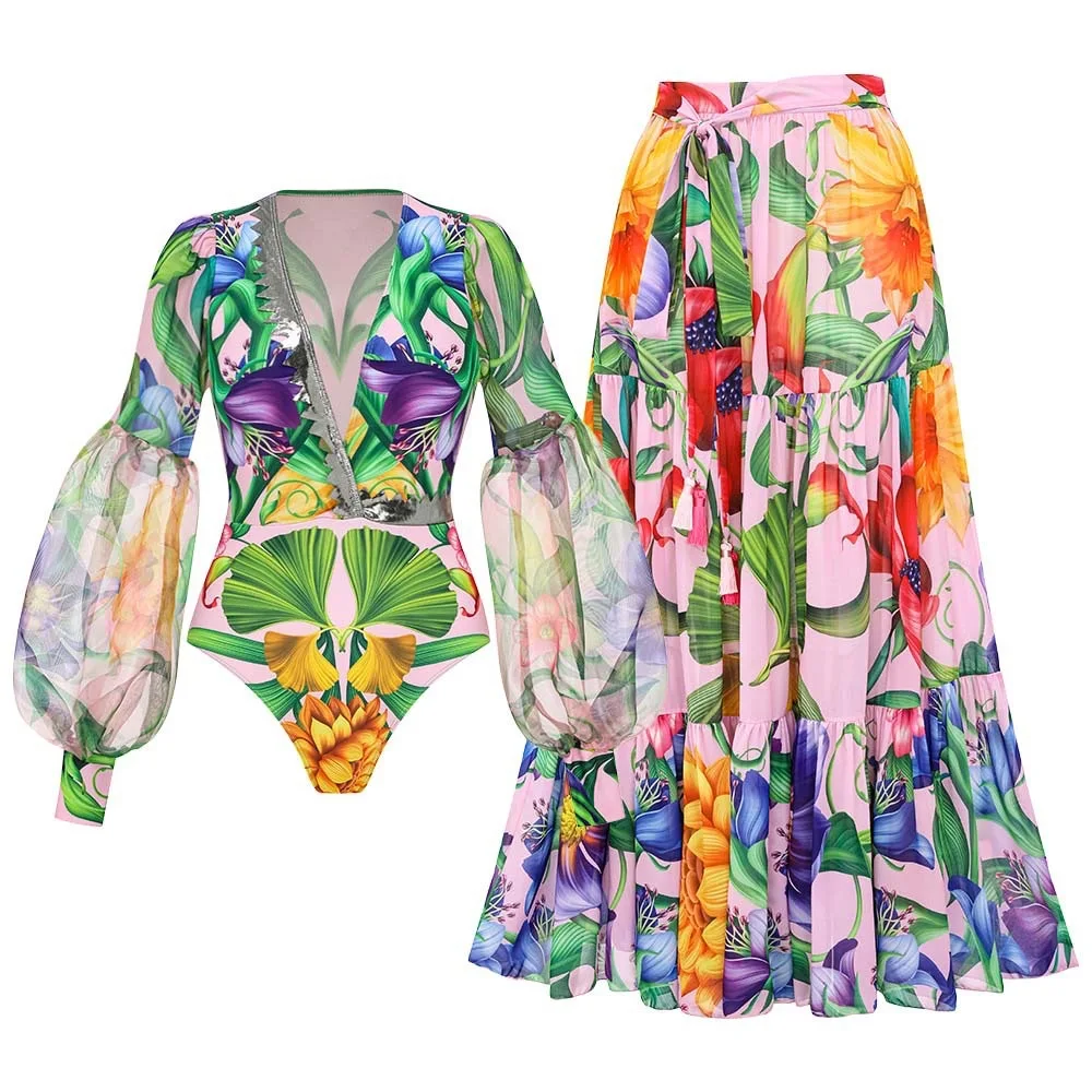 Women Swimwear V-neck long-sleeved Swimsuit Two-piece set Summer Print Bodysuit Bikini Set Beach Style Wear Maxi Dress Skirt 1 Women Swimwear V-neck long-sleeved Swimsuit Two-piece set Summer Print Bodysuit Bikini Set Beach Style Wear Maxi Dress Skirt 1