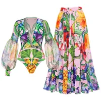 Women Swimwear V-neck long-sleeved Swimsuit Two-piece set Summer Print Bodysuit Bikini Set Beach Style Wear Maxi Dress Skirt 1