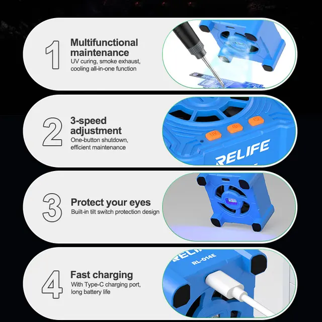 مروحة RELIFE RL-014E متعددة الوظائف (3 في 1) – تجفيف UV، تبريد، وشفط دخان اللحام 2