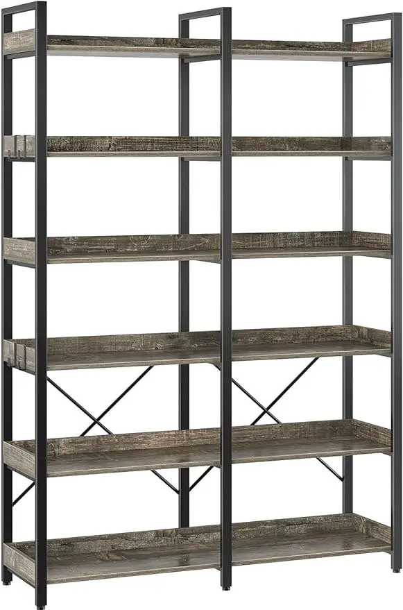 

Seventable Bookshelf 6 Tier with 4 Hooks，69”Industrial Wooden Bookcase, Vintage Storage Rack with Open Shelves, Gray