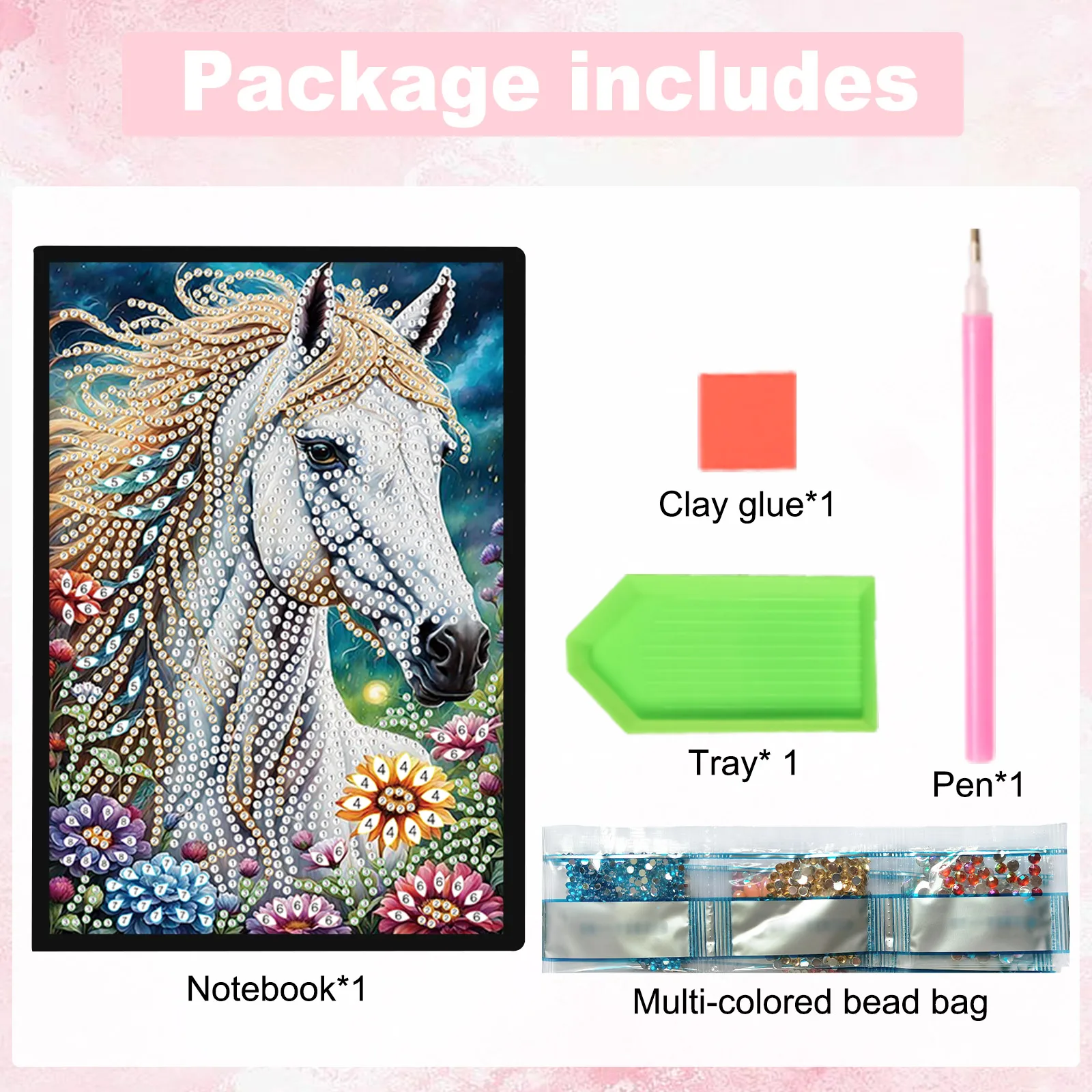 Diamond Art Painting Notebook Kits, DIY White Horse for Adults Diamond Dots Notebook, Journals for Creative Home office Gift 3