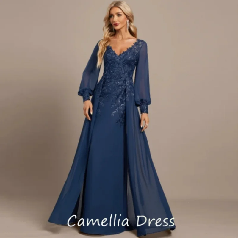 

A-Line Full Sleeve Sequined Lace Appliques Formal Evening Dress Modern Chiffon Navy Blue Mother of the Bride Dresses V-Neck Gown