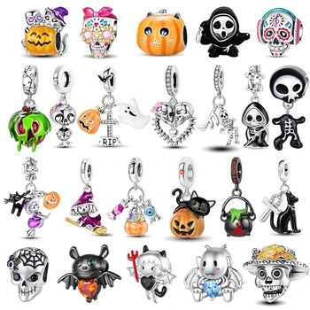 925 Silver Halloween Skull Bat Pumpkin Boutique Pendant Fit Original Bracelet Charm Beads Necklace DIY Female Jewelry