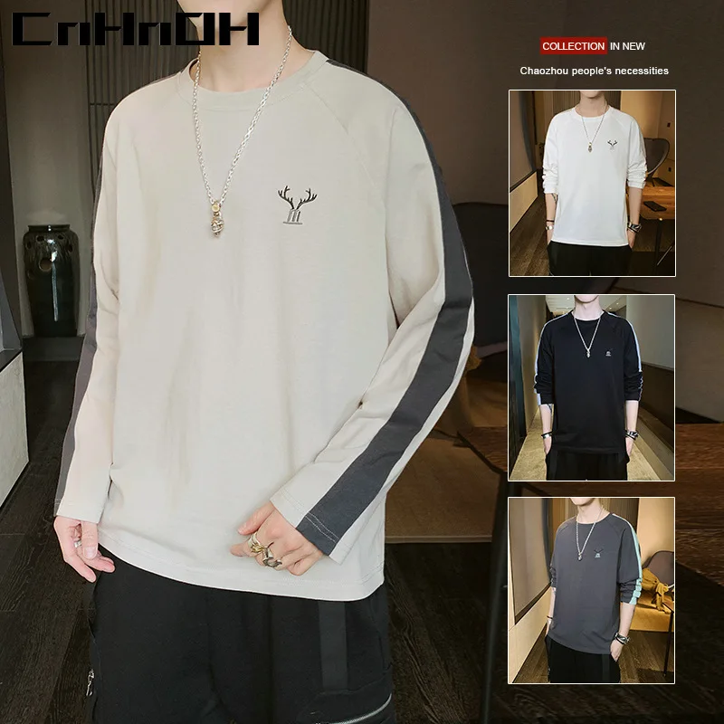 

CnHnOH Autumn New Men's Long-sleeved T-shirt Simple Loose Casual Round Neck Contrast Color Bottoming Shirt Men