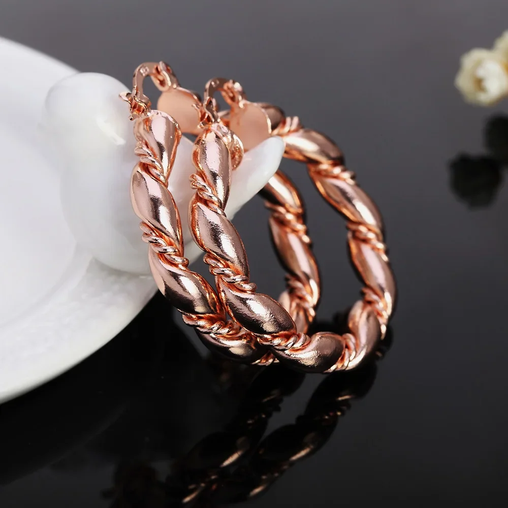 Elegant 18K Rose Gold Rope Hoop Earrings - 4cm Sterling Silver Fashion Jewelry for Weddings & Special Occasions