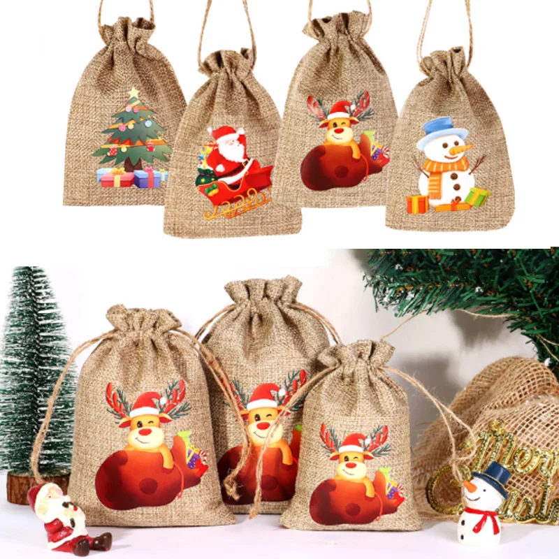 

Natural Jute Gift Bags Christmas Drawstring Pouches Candy Bracelet Jewelry Packaging Bag Favor Christmas New Year Party Supplies