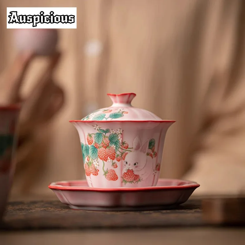 160ml Hand Painted Strawberry Rabbit Gaiwan Japanese Red Ru Kiln Ceramic Tea Tureen Tea Maker Cover Bowl Services Ornaments