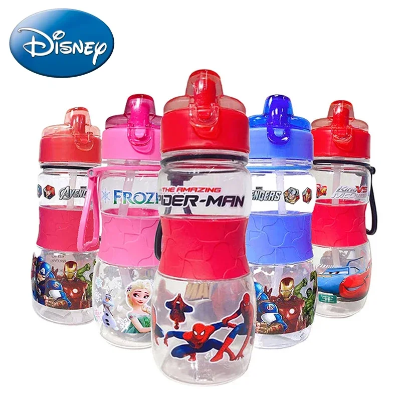 

400ML Disney Cartoon Straw Cup Anime Figures Marvel Spiderman Frozen The Avengers Drinking Water Cups Kids Outdoor Sports Bottle