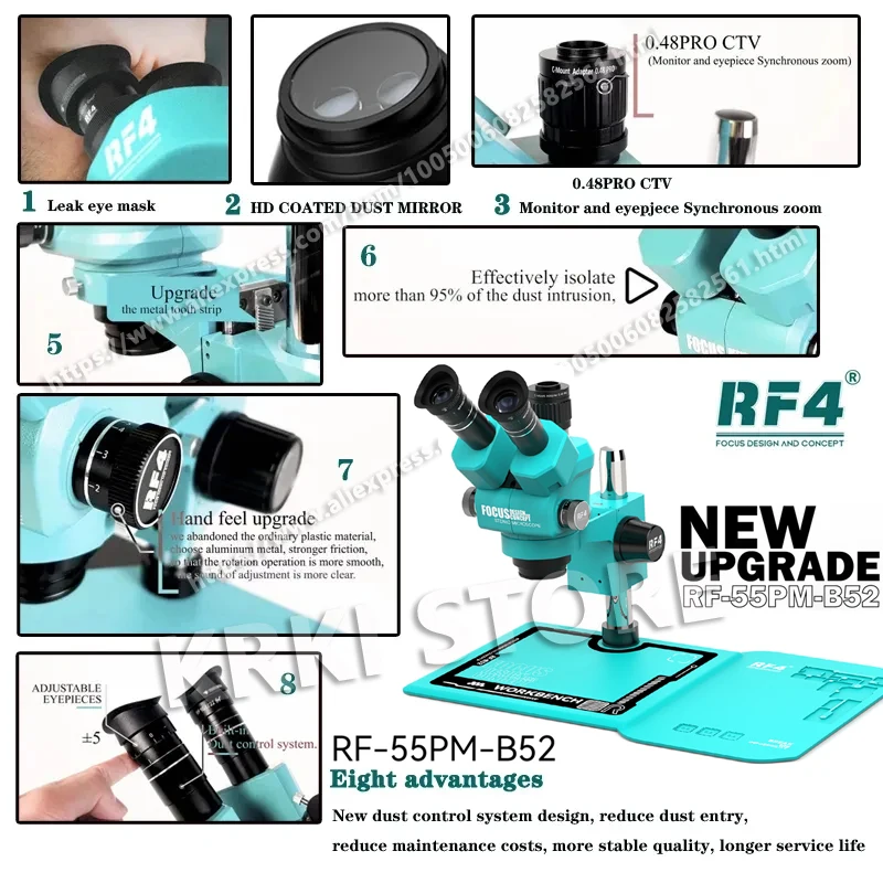 RF4 6.5-5.5X 방진 시스템 광시야 줌 삼안 실체 현미경 4KC7 HDMI USB 카메라 휴대폰 납땜 PCB 수리