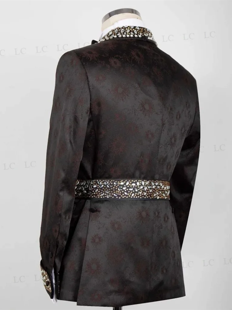 Floral Men Suits Luxury One Piece Blazer With Belt Sheer Lapel Diamonds Crystals Beadings Party Wedding Groom Plus Size Tailored