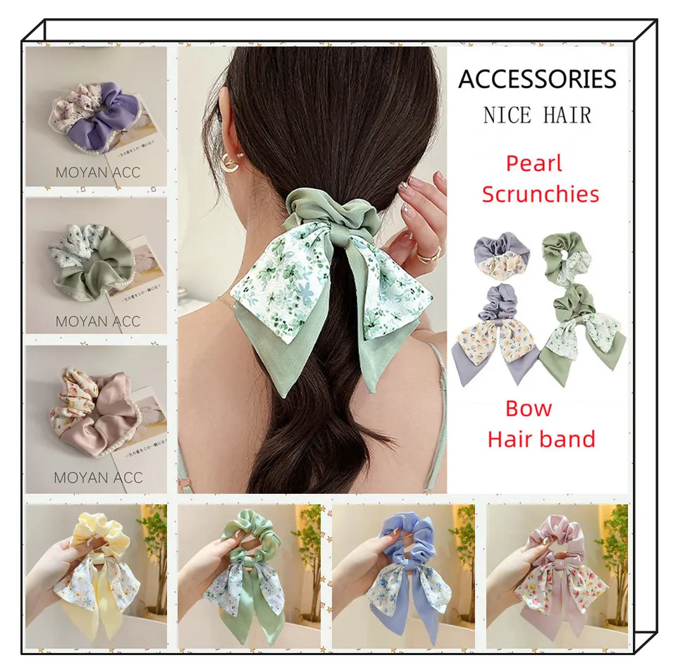

Women's fashion hair accessories Printed scrunchies hair band headband Pearl scrunchies bow Streamer hairband Girls' headdress