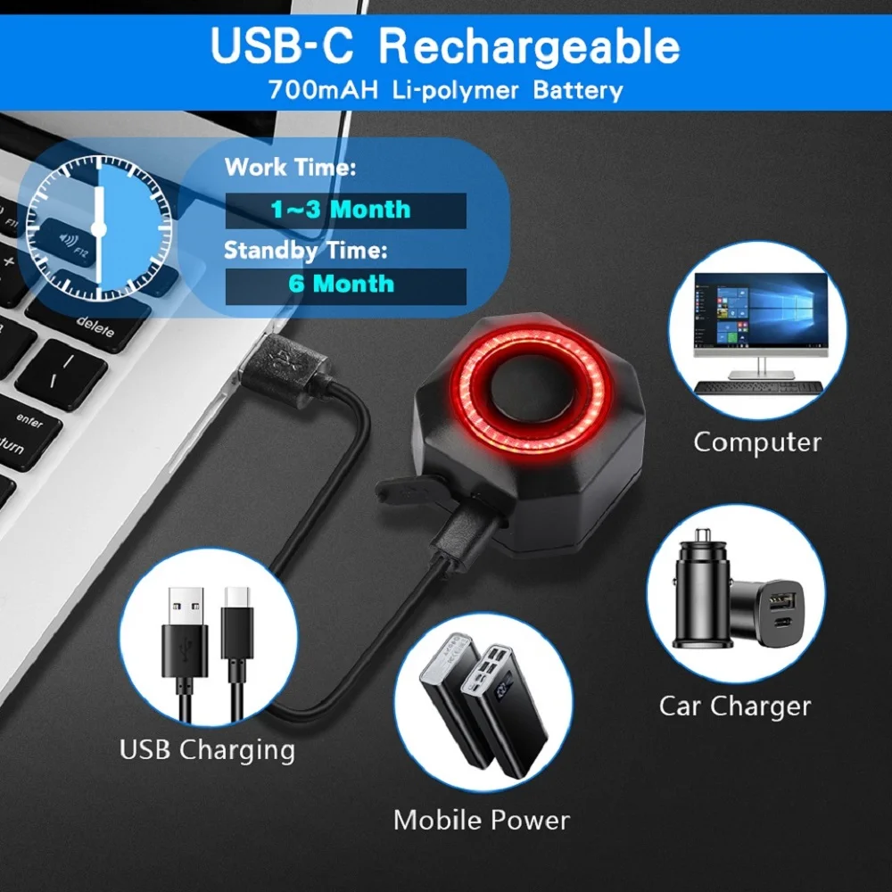 Bicycle Taillight Alarm Burglar Smart Auto Brake Sensing Rear Waterproof USB Charging Lamp Cycling Accessories