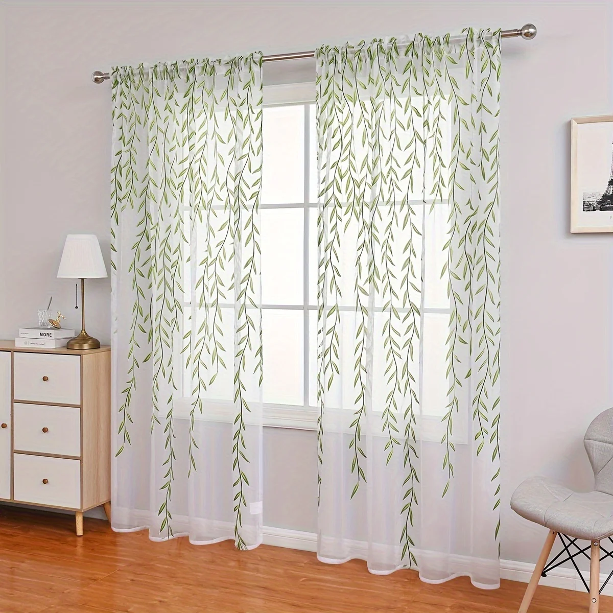 2pcs Contemporary UV-Protective Polyester Sheer Curtains with Willow Print - Rod