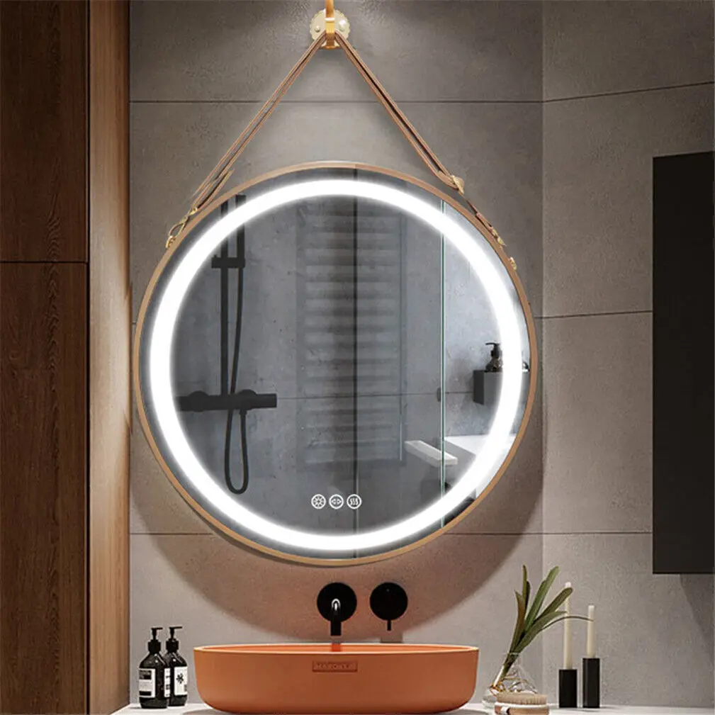 Round LED Illuminated Bathroom Mirror Hanging Wall Vanity Mirror Demister Dimmable Aluminum Fram HD Glass 3