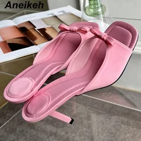 Aneikeh Slipper Mules Low High Heels Shoes 2026 Summer Best Street Look Females Square Head Open Toe Bow Strappy Sandals Women 1