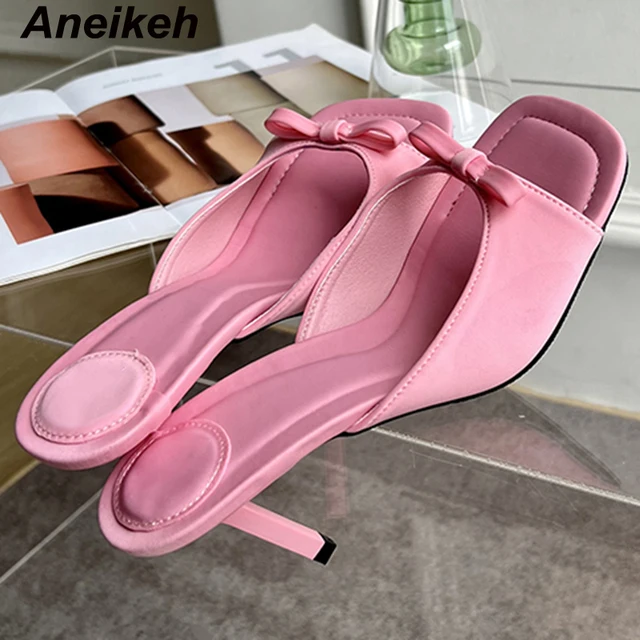 Aneikeh Slipper Mules Low High Heels Shoes 2026 Summer Best Street Look Females Square Head Open Toe Bow Strappy Sandals Women 1