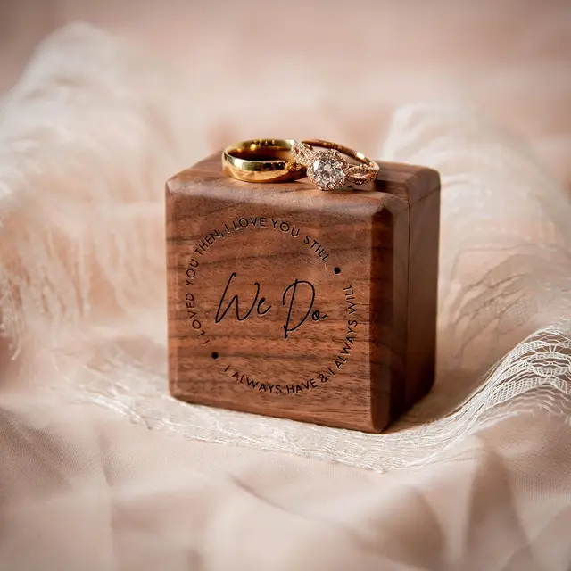 Personalized Engraved Wood Rings Bearer Box With Vow Of Happiness
