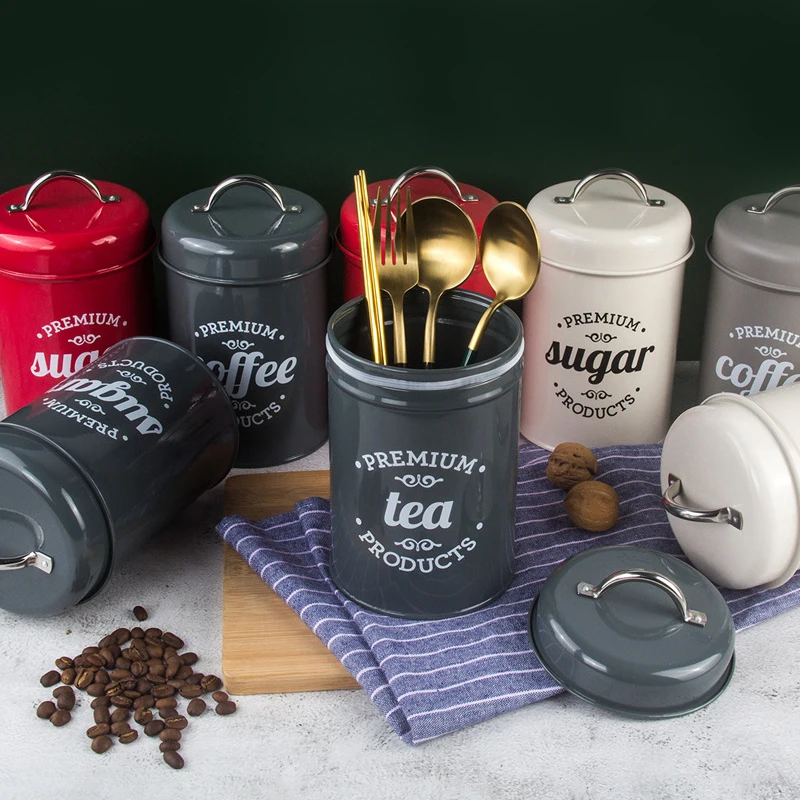 

3Pcs/Set 1.2L Vintage Sealed Cans Metal Coffee Tea Sugar Canisters Kitchen Canister Jars with Lids Retro Food Storage Container