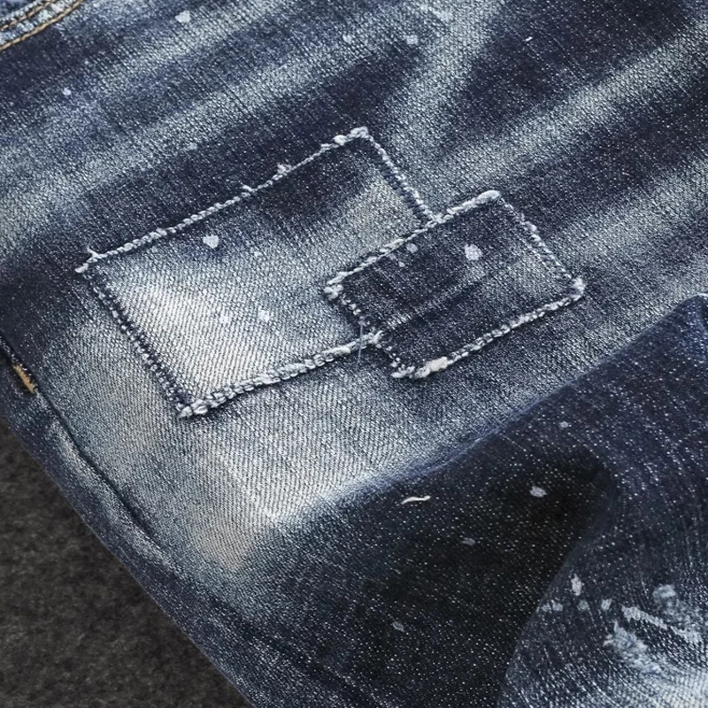 Street Fashion Men Jeans High Quality Retro Blue Stretch Slim Fit Ripped Jeans Men Patched Designer Hip Hop Brand Pants Hombre