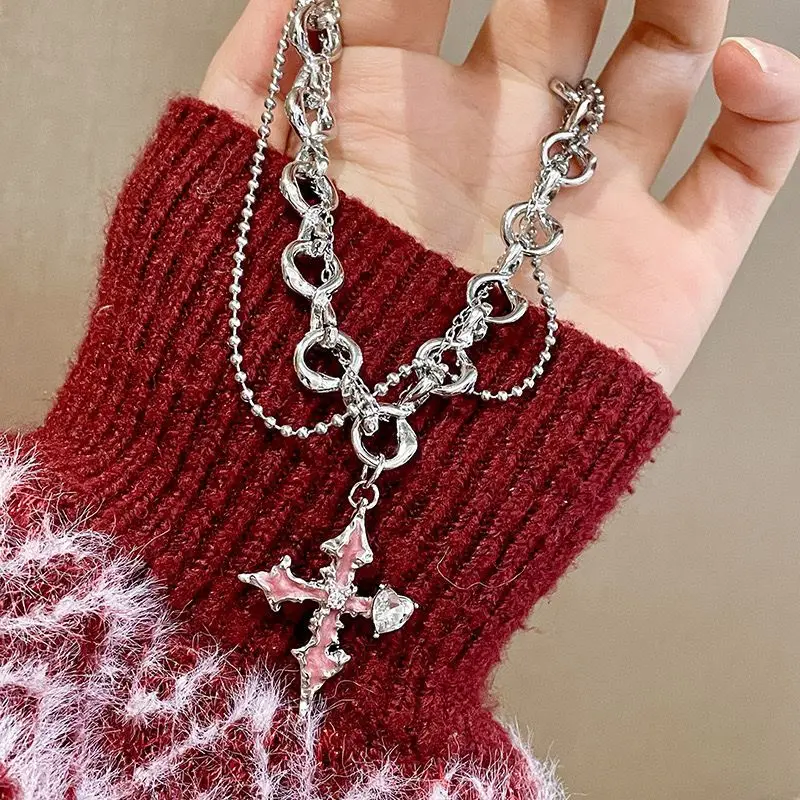 

Vintage Fashion Personality Pink Cross Pendant Star Love Necklace Banquet Jewelry Accessories Gift