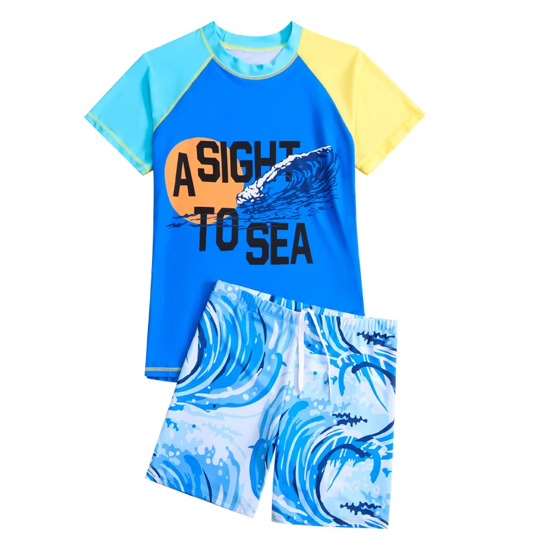 Kids Swimwear For Boys Children's Swimsuit Two Piece Set Beach Wear Teen Swimming Shorts Short Sleeve Swim Top Bathing Suit