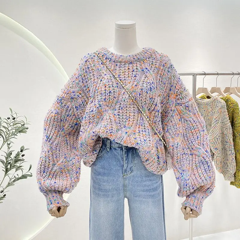 

Autumn and Winter Versatile Western Loose Lantern Sleeves Short Korean Colorful Knitted Pullover Sweater