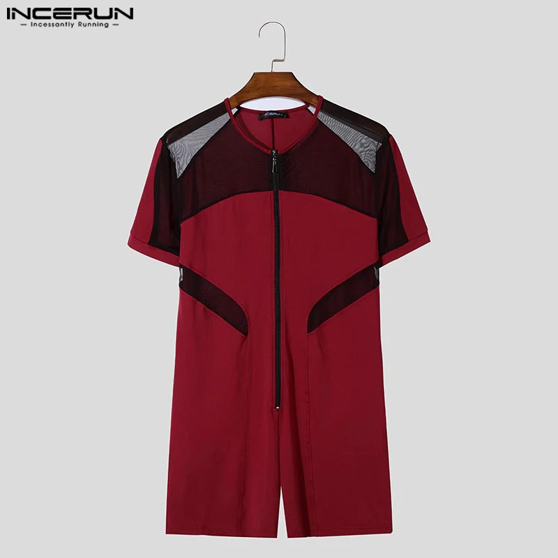 INCERUN American Style Fashion Rompers Men Mesh Splicing Jumpsuits Sexy Homewear Short Sleeved Zipper Flat Corner Neck Bodysuits men bodysuits,men jumpsuits
