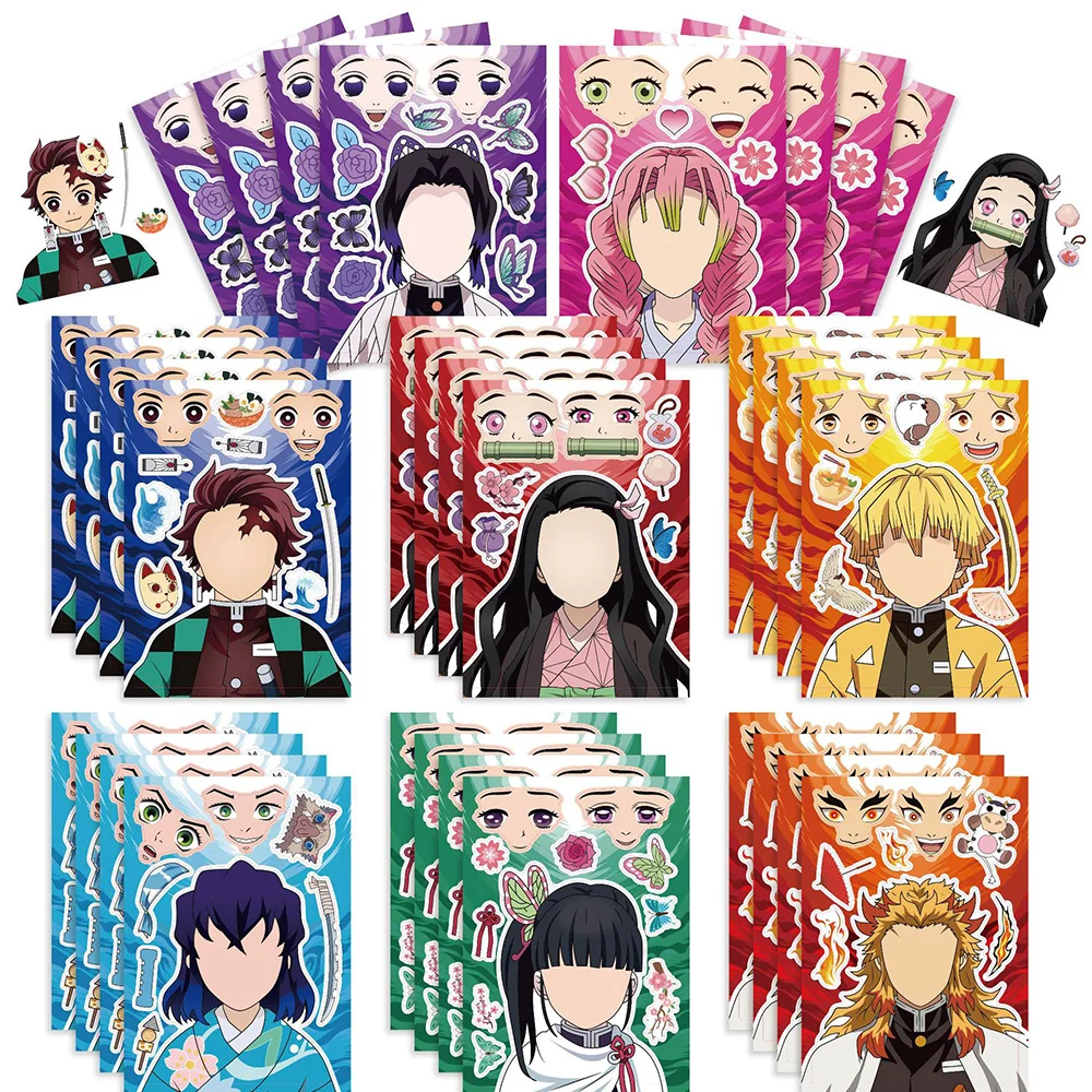 

8/16Sheets Children Anime DIY Puzzle Sticker Make-a-Face Demon Slayer Funny Assemble Stickers Kids Toys Boys Girls Party Gifts