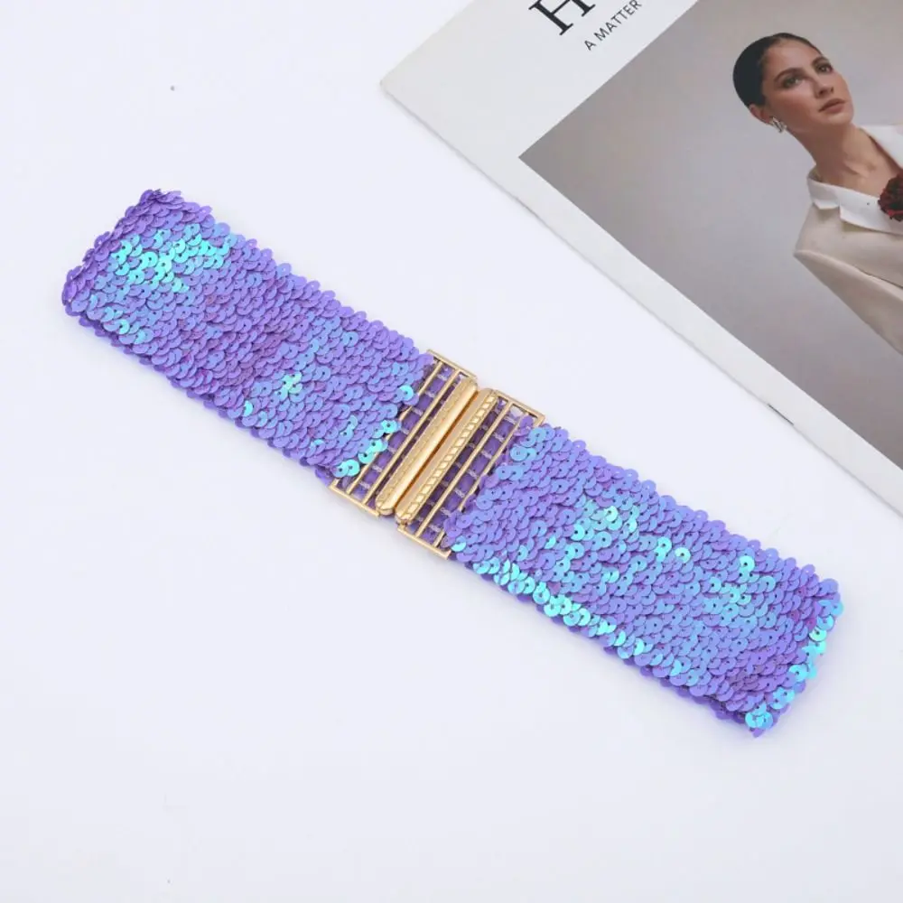 60cm Elastischer Pailletten-Stretchgürtel Auffälliger Vielseitiger Glänzender Taillengürtel Professionelle Goldschnalle Damen-Gürtel für Kleider – Detail 6