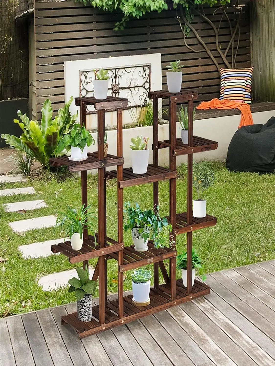 Pflanzenregal, Blumenregal, Blumenständer aus Holz, Blumentreppen, Garten, Pflanzentreppen, 9 Stufen, 125 x 25 x 114 cm – Detail 1