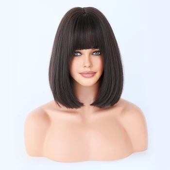 Short Straight Synthetic Wigs for Women Black With Blonde Bob Wigs with Bangs Daily Cosplay For Party Heat Resistant Lolita Hair 11