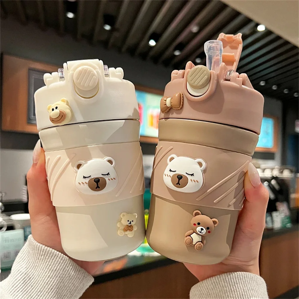 

450ML Cute Bear Double Drink Thermos Coffee Mug With Straw Portable Stainless Steel Tumbler Insulated Cup Bottle For Kids Girls