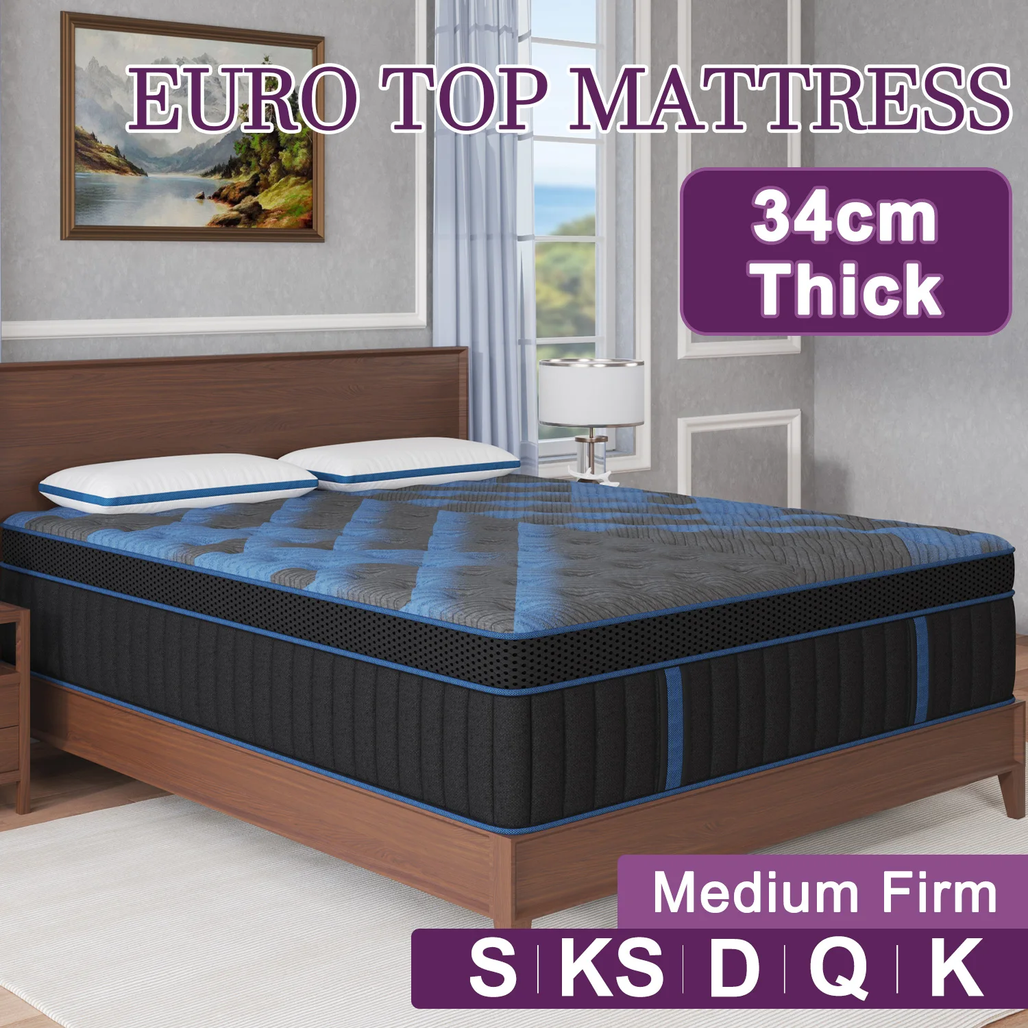 Queen Double King Single Mattress Euro Top Pocket Spring Gel Memory Foam Hybrid Medium Firm Mattress 34cm
