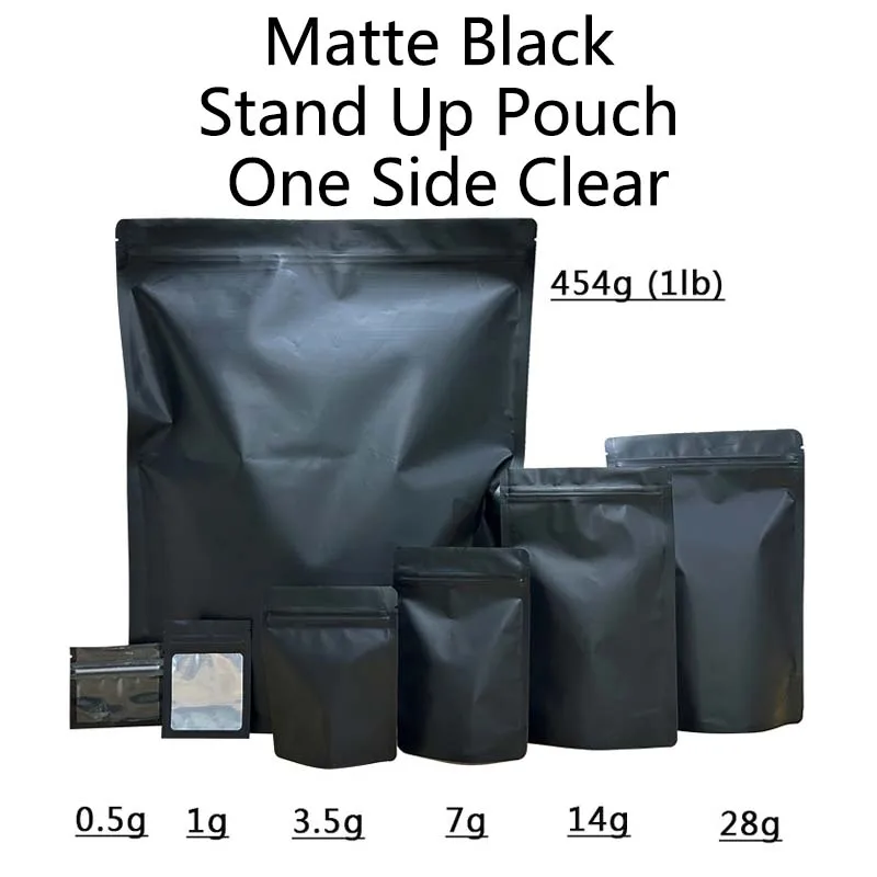 1g 3.5g 7g 1lb Matte Black Mylar Bag One Side Clear Smell-proof Zip Lock Doypack Candy Cookies Packaging Foil Stand Up Pouches