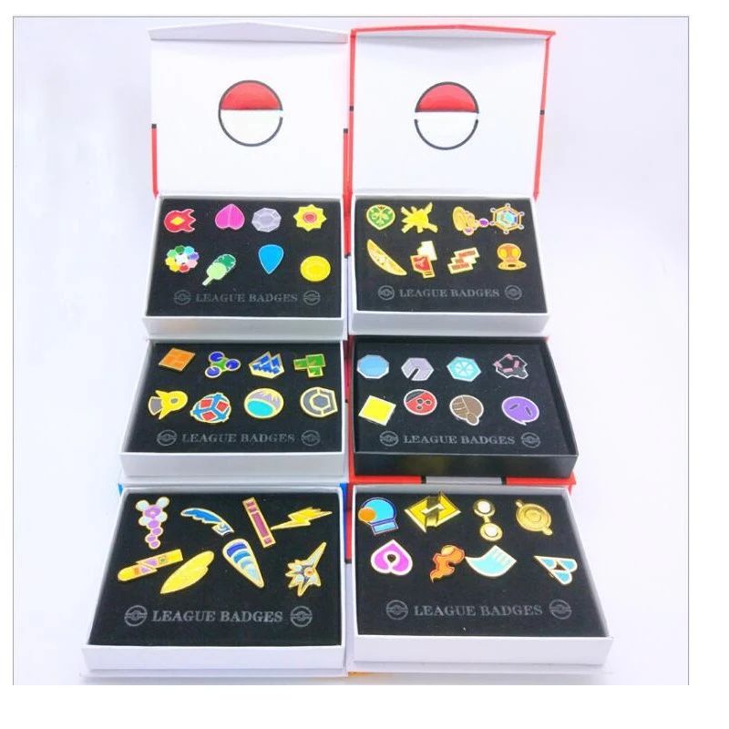 

Gym Badges Kanto Johto Hoenn Sinnoh Unova Kalos League Region Pins Brooches Orange Island Box Collection Pocket Monster