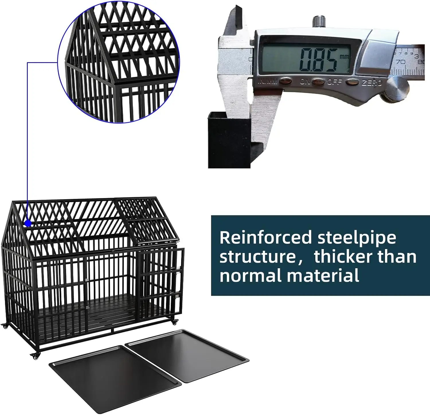 54 inch Heavy Duty Indestructible Dog Crate, Escape Proof Dog Cage Kennel with Lockable Wheels, High Anxiety Double Door 3
