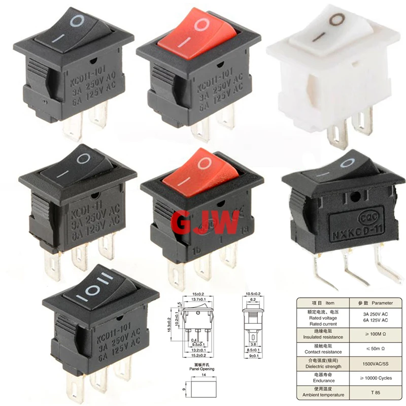 Interruptor basculante de encendido/apagado a presión, pulsador de encendido/apagado, 2 pines, 3A, 250V, 5 piezas, KCD11, 10x15mm