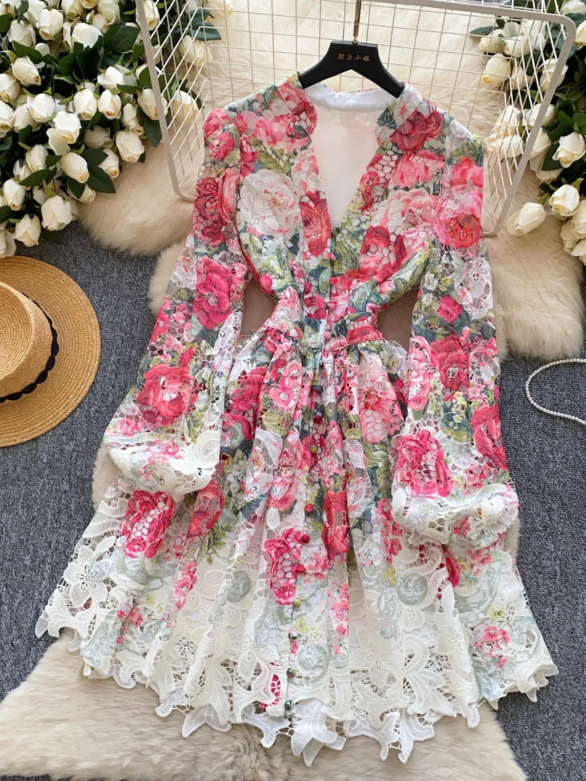 Court Style Spring Dress for Women Floral Printed Elegant Vestidos De Mujer  V-neck Lantern Sleeve Female A-line Dresses Dropship - AliExpress 200000345