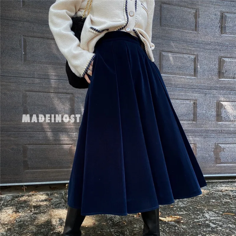 

VOLALO Vintage Velvet Midi Long Skirt Women 2024 Fall Winter Elegant All-match Solid A Line High Waist Mid-length Skirt Female