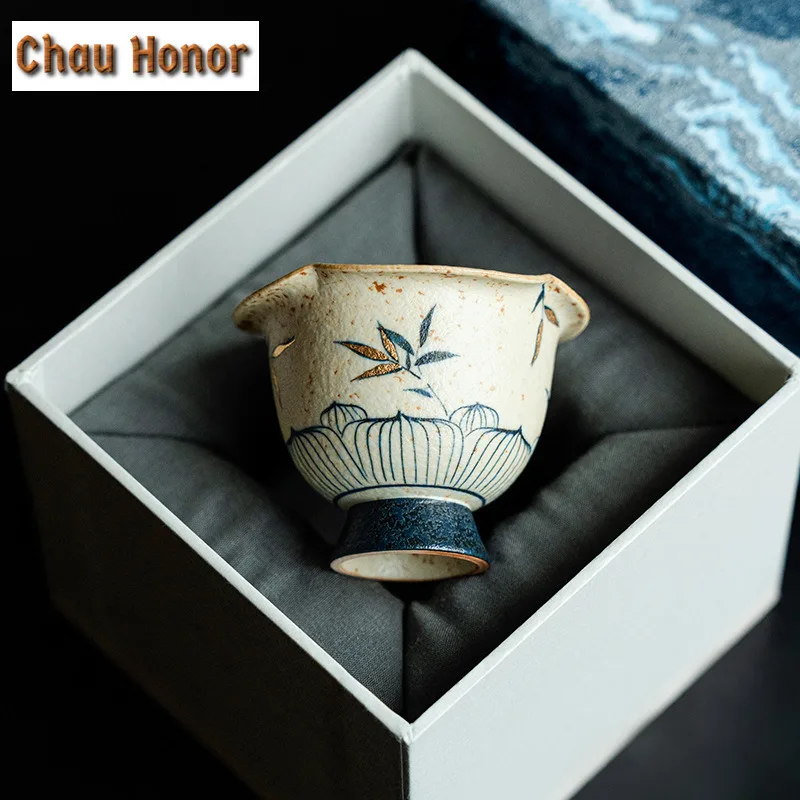 55ml Ancient Blue And White Flint Red Teacup Handmade Gold Drawing Bamboo Tea Bowl Single Cups Meditation Cup Chazhan Teaware