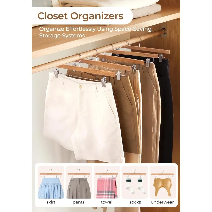 Natural Wooden Pants Hangers 20 Pack Heavy Duty Skirt Hanger with 2Adjustable Clips Space Saving Shorts Hanger with 360 Swivel