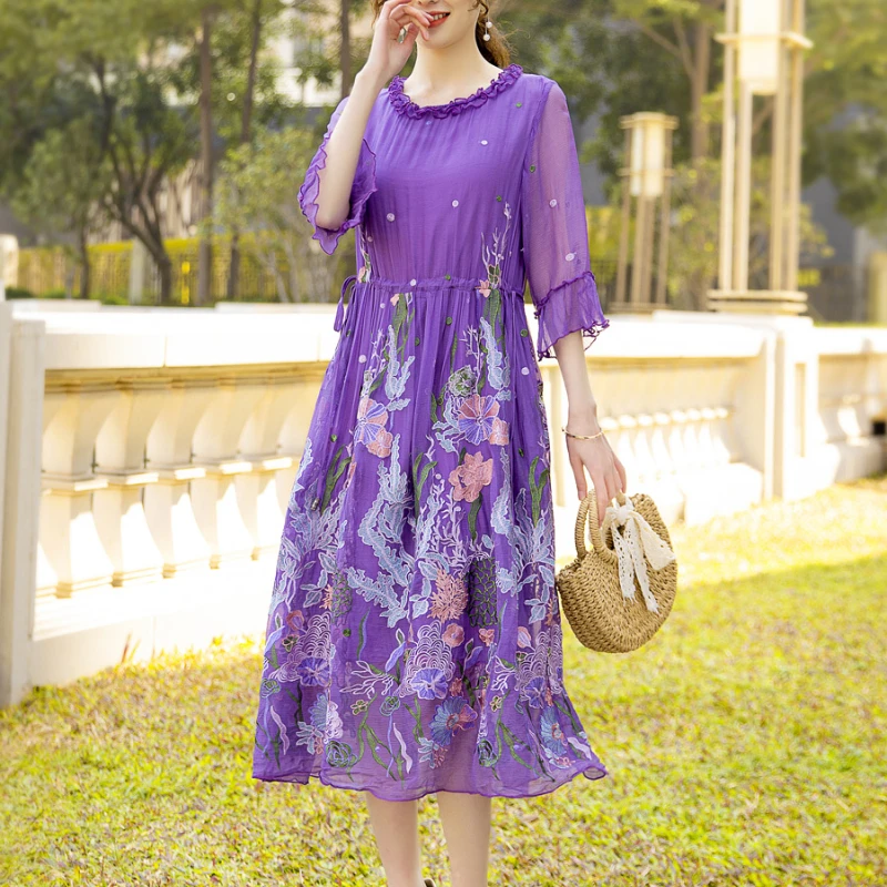 

New Fashion Dresses for Women 2023 Spring Summer 100% Mulberry Silk Purple Dress Women's Embroidery Waist Slim Dress Robe Femmes