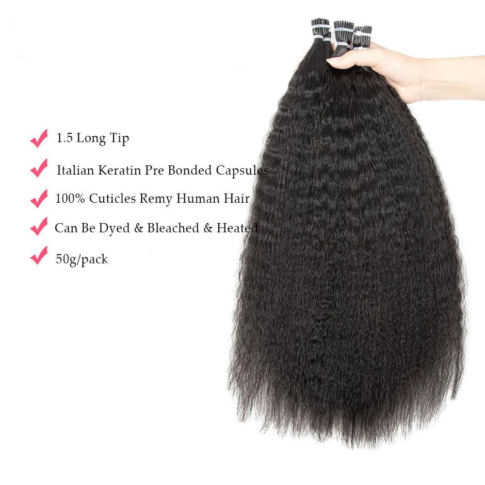 I Tips Kinky Straight Itip Human Hair Extensions for Black Women Natural Black I-Tip Extensions For Thin Hair 50grams 50strands