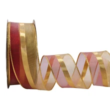 

5 10 25 Yards/Roll 38mm Red and Gold Stripes Organza Wired Edge Ribbon for Christmas Decor Gift Wrapping Accessories