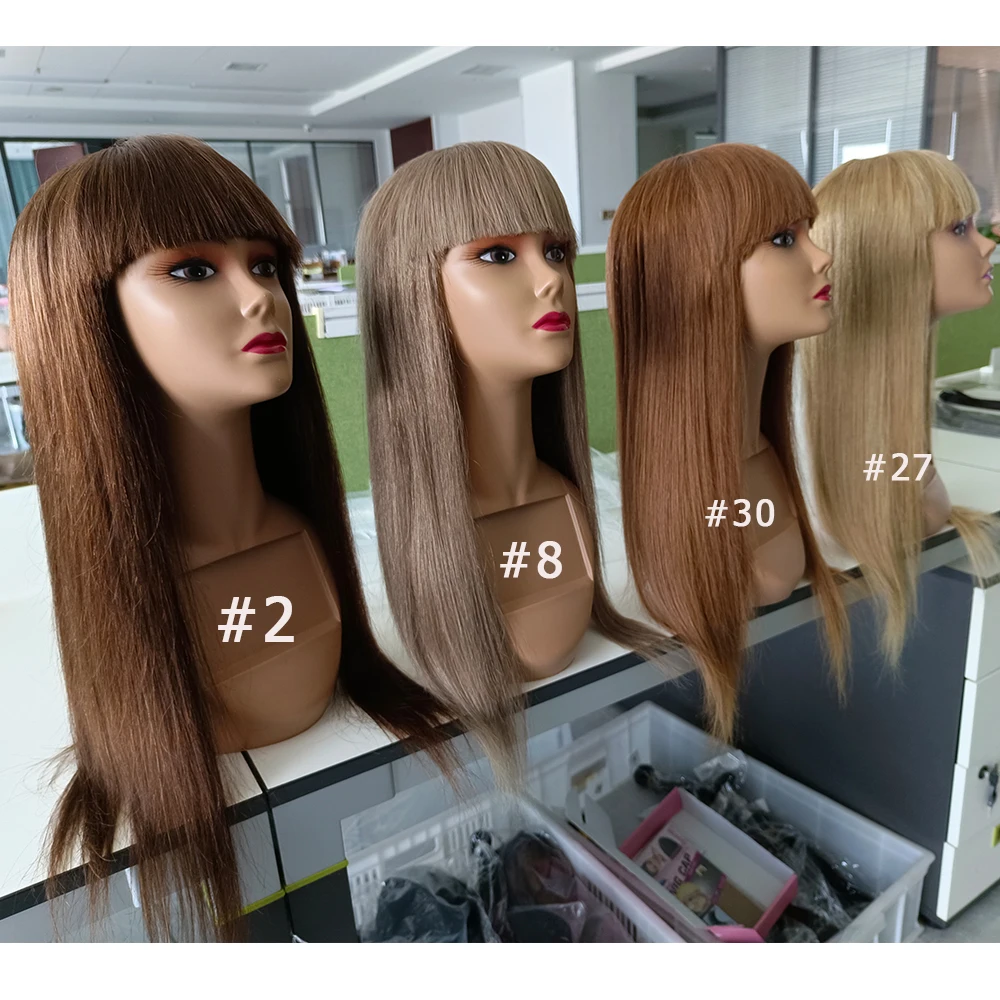 Glueless Remy Human Hair Wigs Full Wig with Bang #30 Ginger Brown Straight Machine Made with Fringe Bobbi Collection