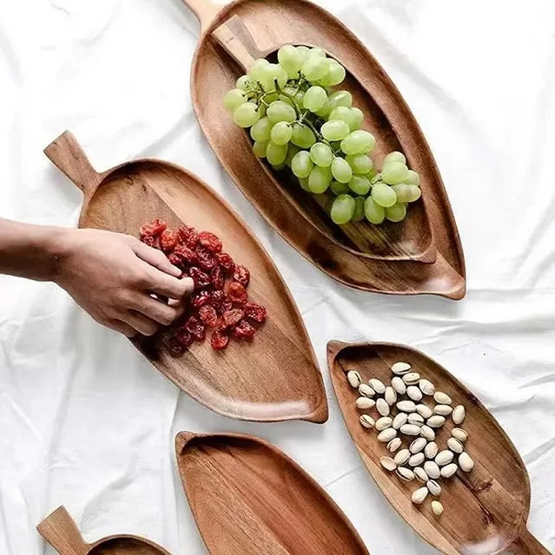 High Aesthetic Tray Wooden Leaf Shaped Afternoon Tea Tray Western Sushi Tray Dessert Fruit Meal Tray Food Tray Wooden Waterproof 3