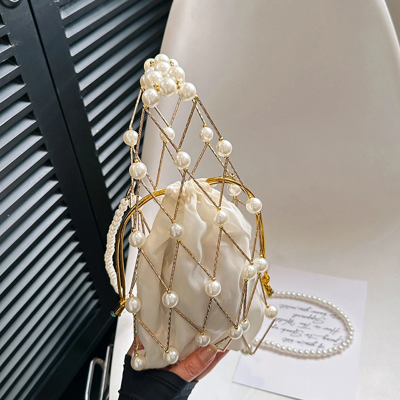 다용도 비즈 버킷 핸드백, 패셔너블 파티, 진주 할로우 아웃 스트링, 럭셔리 숄더 및 크로스바디, 2024 