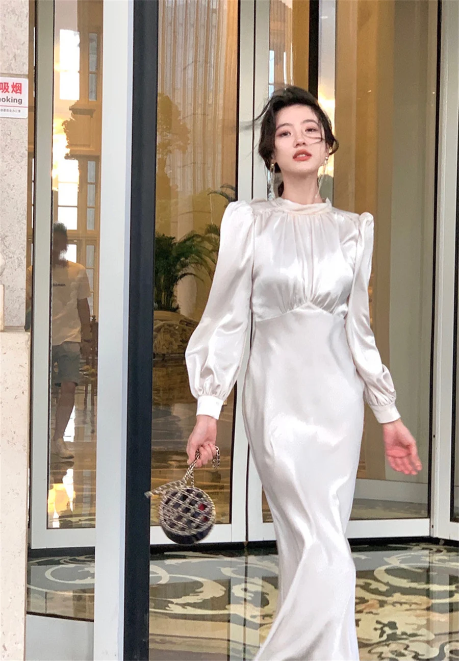 

French Women Elegant Stain Party Dress 2023 Autumn Female New Lantern Sleeve Prom Clothes Lady Fashion Solid Vestidos Robe