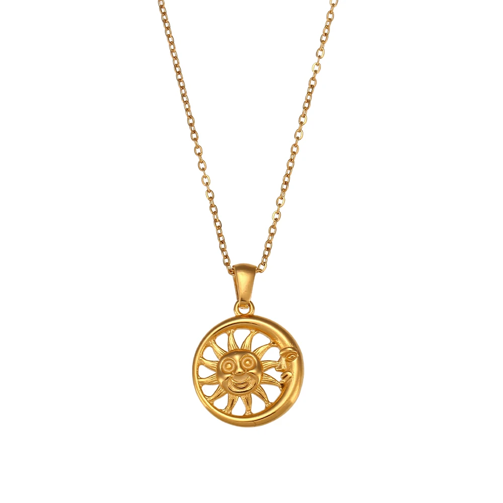 

2022 Vintage Style Hollow Sun Moon Pendant Necklaces 18K Gold Plated High Quality Waterproof O-Chain Necklaces for Women Girls